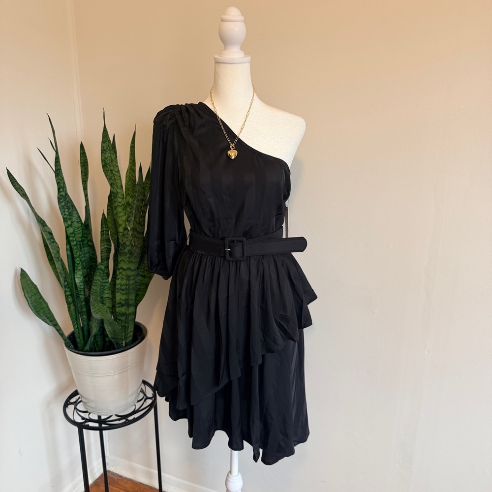 Lani The Label | One-Shoulder Black Ruffle Belted Dress